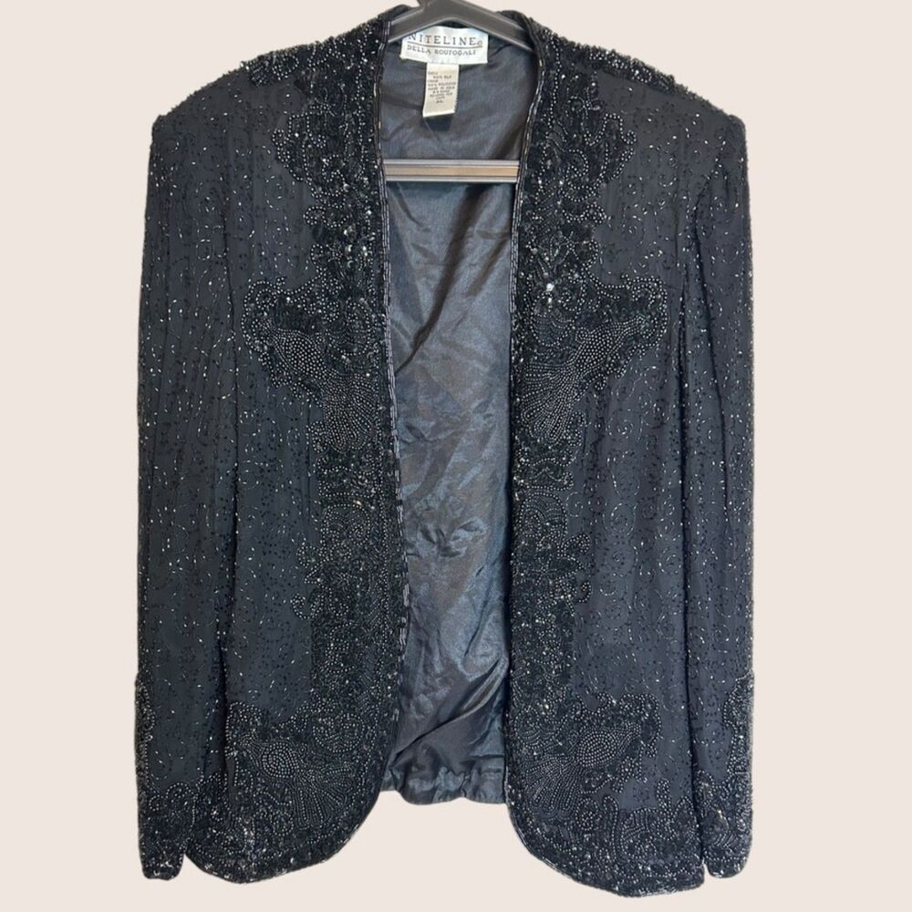 🖤 VTG 80s NITELINE DELLA ROUFOGALI SILK BEADED BLAZER JACKET BLACK  XL